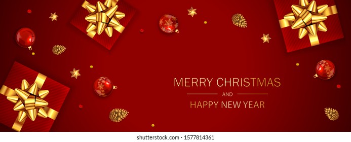 Christmas banner with balls, pine cones, beads, holiday gifts with golden bow and shiny stars on red background. Illustration can be used for Christmas design, posters, cards, websites and headers.