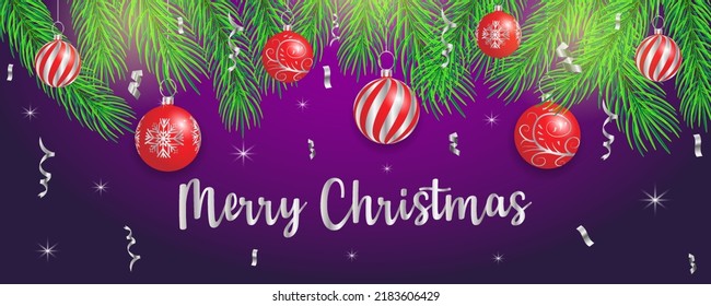 Christmas Banner With Baubles Hanging On Fir Branches And Confetti Flying Around. Merry Christmas Text. Horizontal Christmas Poster, Greeting Card, Headers For Website.