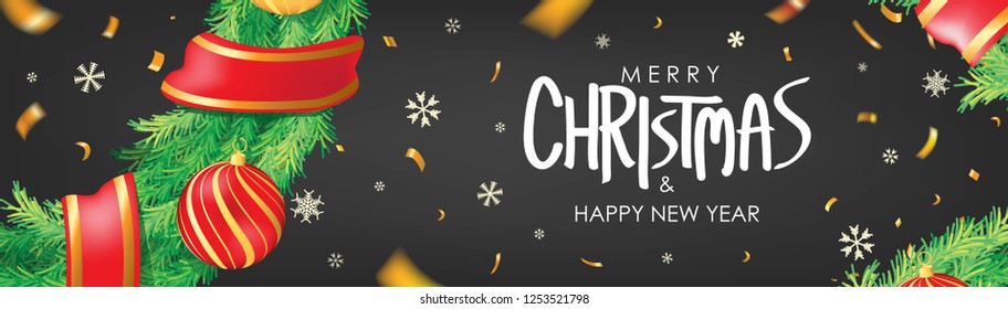 Christmas banner. Black Christmas background with christmas balls,  snowflakes and gold confetti.  