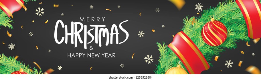 Christmas banner. Black Christmas background with christmas balls,  snowflakes and gold confetti. 