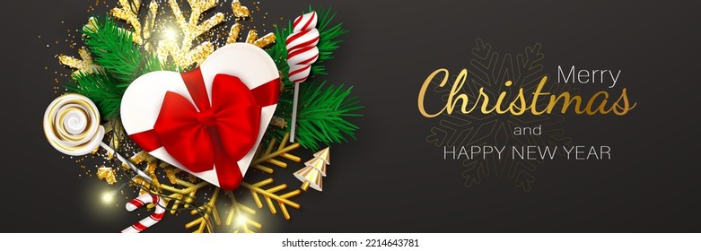 Christmas banner black background design. Sparkling lights garland around realistic white gift box. Golden snowflake and confetti. Horizontal poster happy new year holiday party. Vector illustration