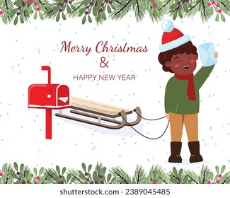 Christmas banner with a black boy pulling a sled and sending a letter to Santa Claus