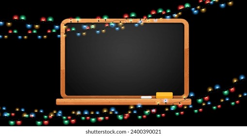 Christmas Banner with Blackboard and Lights. Suitable for leisure and educational projects. Isolated on black background.