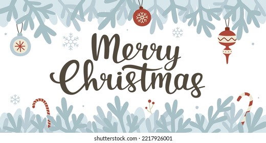 Christmas banner with blue fir border and calligraphy lettering. Xmas congrats with spruce and handwritten text.