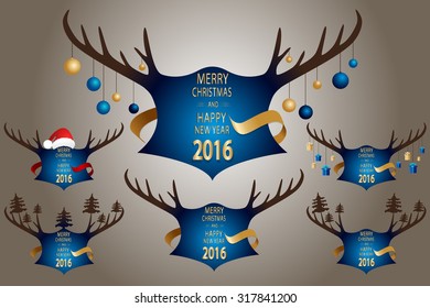 Christmas banner with blue horns. Vector illustration.