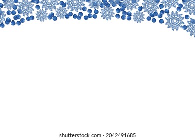 Christmas banner with blue snowflakes and blueberry on white background. Isolated snowflakes icon. Empty paper shape. Winter flat illustration. Copy space. Holiday pattern, frame, greeting card design