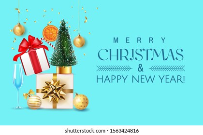 Christmas banner. Blue Xmas vector design with realistic gifts box, golden christmas ball, orange, candy cane and glitter gold confetti. Horizontal christmas poster, greeting cards, headers, website