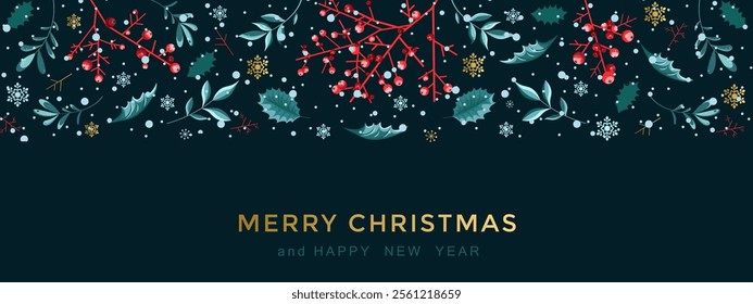 Christmas banner with a border of holly and mistletoe leaves. Festive dark background with holly, mistletoe, various plants and falling snow. Vector illustration. Merry Christmas and Happy New Year.