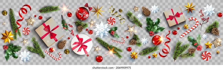 Christmas banner with border of stars, christmas tree branches, boxes, candy cane, holly and balls. Winter holiday decor isolated