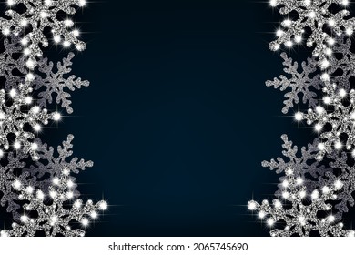 Cartel de Navidad con un borde de copos de nieve blancos y brillantes con brillantes brillantes brillantes brillantes. Diseño vertical. En un fondo azul. Vector.
