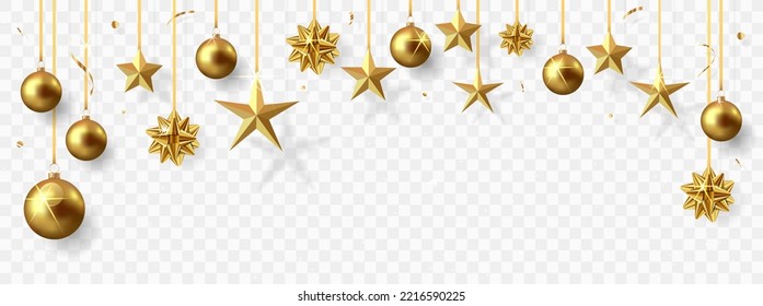 Christmas banner with bow, stars and christmas balls isolated on transparent background.	