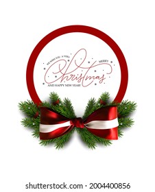 Christmas banner with bow and christmas tree branches. Holiday sale banner. Vector christmas template