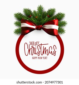 Christmas banner with bow and christmas tree branches. Holiday sale banner. Vector christmas template