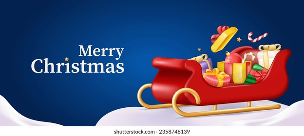 Christmas banner. A bright blue themed illustration that conveys the holiday spirit with a cartoon design and holiday presents on Santa's sleigh. Vector illustration.