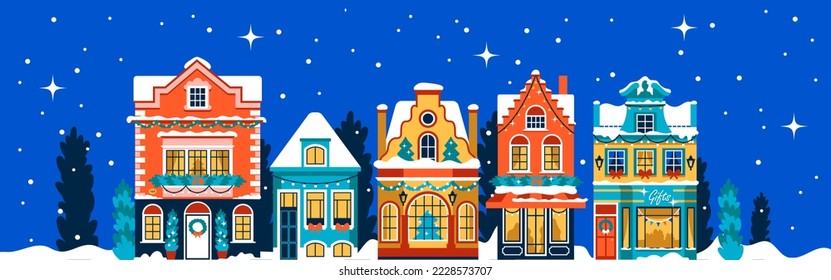 Cartel de Navidad con casas decoradas de forma alegre y con guirnaldas. Fachadas planas con árboles de Navidad y nieve