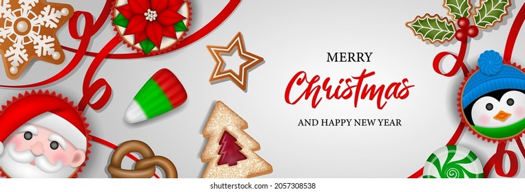 christmas banner with candies, cookies and cakes