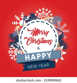 Christmas banner, card, decorated with tree branches and snowflakes, texts on red background
