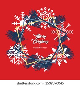 Christmas banner, card, decorated with tree branches and snowflakes, texts on red background