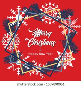 Christmas banner, card, decorated with tree branches and snowflakes, texts on red background