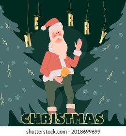 Christmas  banner or card template with Santa, flat vector illustration. Christmas square banner or poster design for holiday web or print materials.