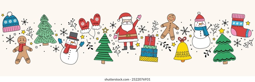 Christmas banner with cartoon characters and decorations. Vector illustration