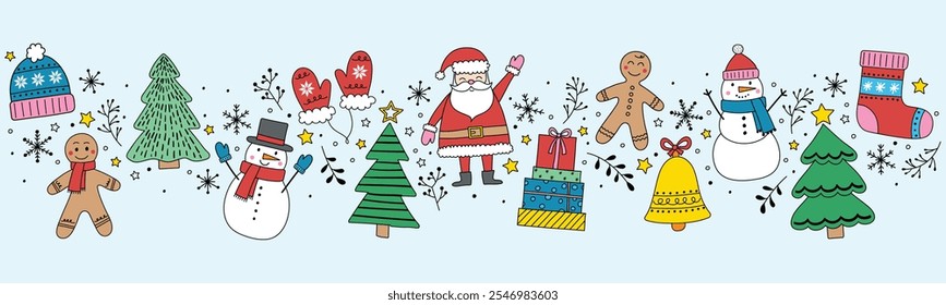 Christmas banner with cartoon characters and decorations. Vector illustration