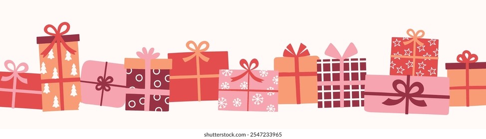 Christmas banner with cartoon hand drawn presents with bows. Vector illustration