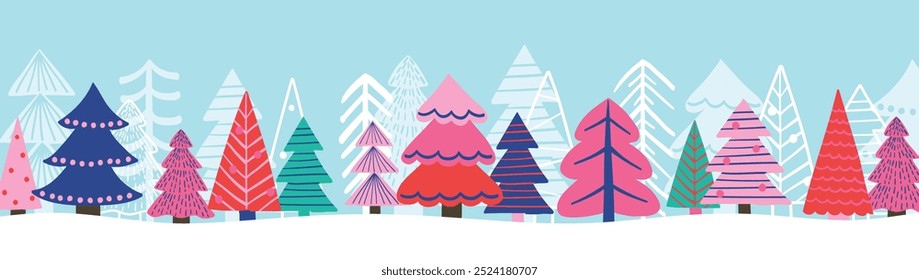Christmas banner with cartoon holiday trees. Winter landscape. Vector illustration