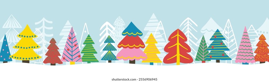 Christmas banner with cartoon holiday trees. Winter landscape. Vector illustration