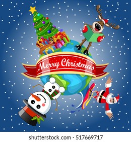 Christmas banner with cartoon santa claus surfing in australia reindeer singing snowman and xmas tree on the earth