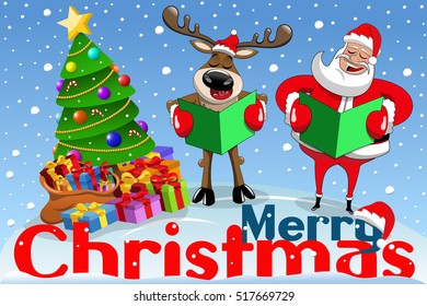 Christmas banner with cartoon santa claus and reindeer singing in the snow