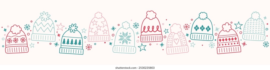 Christmas banner in cartoon style. Background decorated with winter hats. Vector illustration