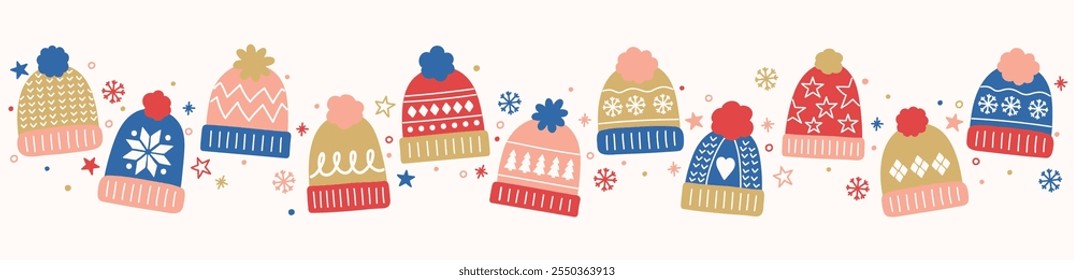 Christmas banner in cartoon style. Background decorated with winter hats. Vector illustration