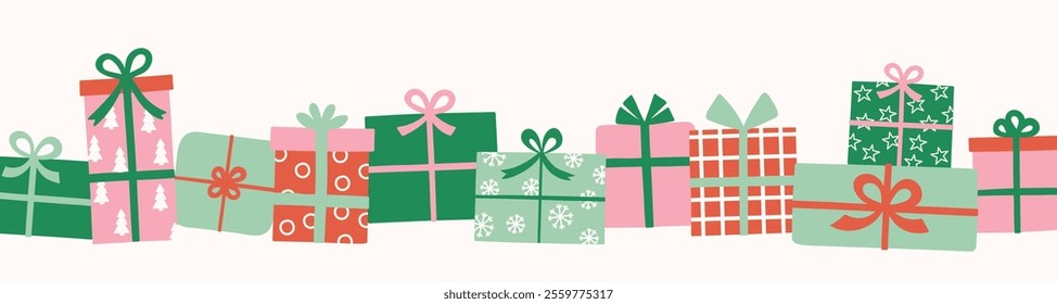 Christmas banner in cartoon style. Colourful gift boxes with bows. Vector illustration