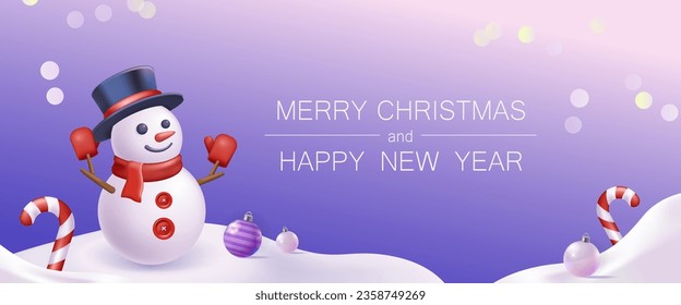 Christmas banner. A Christmas-themed illustration with vibrant violet colors, showcasing a cute snowman. Perfect for a playful and joyful holiday atmosphere. Vector illustration.