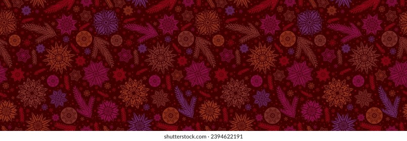Christmas banner with coloful snowflakes and stars. Merry Christmas and Happy New Year greeting banner. Horizontal new year background, headers, posters, cards, website.Vector illustration