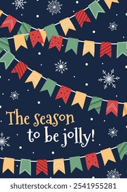 Banner de Natal com bandeiras coloridas e flocos de neve em estilo plano. Ilustração vetorial para cartaz, cartão de saudação, convite, etc