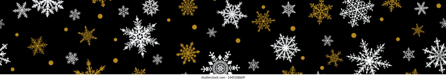 Christmas banner of complex big and small snowflakes in white and yellow colors on black background. With horizontal repetition