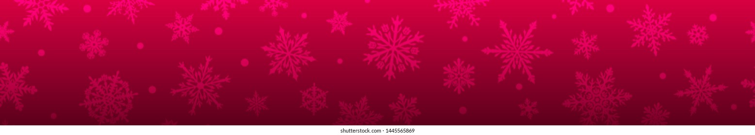 Christmas banner of complex big and small snowflakes in red and purple colors. With horizontal repetition