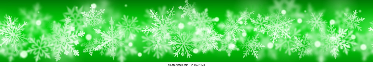 Christmas banner of complex blurred and clear snowflakes in white colors on green background. With horizontal repetition