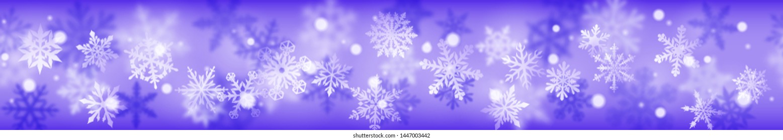 Christmas banner of complex blurred and clear snowflakes in white colors on blue background. With horizontal repetition
