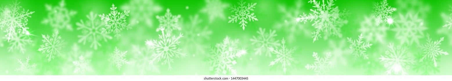 Christmas banner of complex blurred and clear snowflakes in white colors on green background. With horizontal repetition