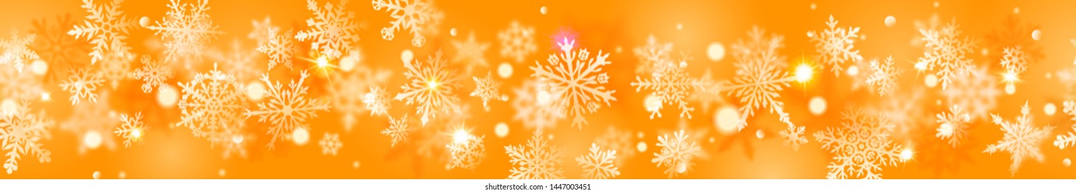 Christmas banner of complex blurred and clear snowflakes in white colors on yellow background. With horizontal repetition