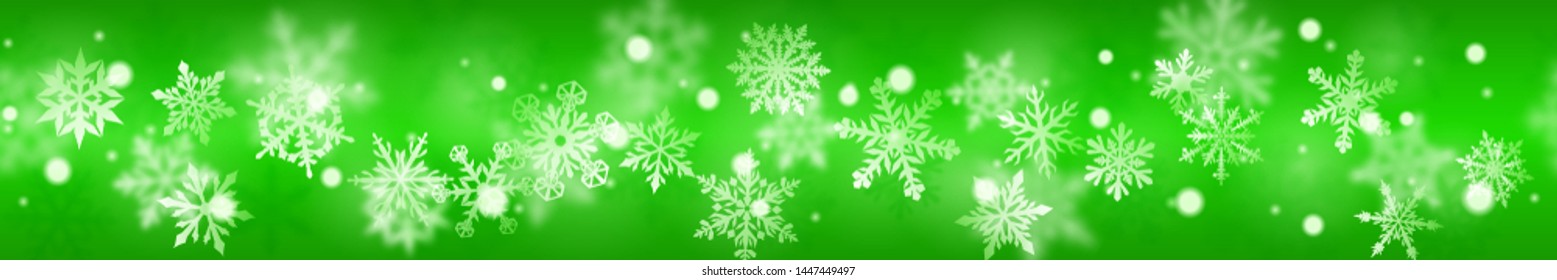 Christmas banner of complex blurred and clear snowflakes in white colors on green background. With horizontal repetition