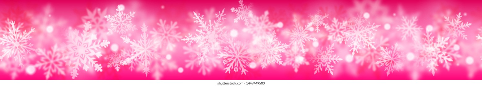 Christmas banner of complex blurred and clear snowflakes in white colors on pink background. With horizontal repetition