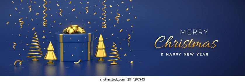 Christmas banner. Composition from gift box with golden bow and golden metallic pine, spruce trees. New Year cone shape trees. Xmas background, greeting card, header. Vector 3D realistic illustration.