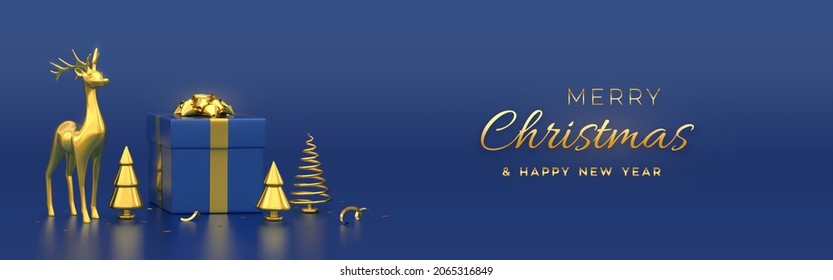 Christmas banner. Composition from gift box with golden bow gold deer and golden metallic pine, spruce trees. New Year cone shape trees. Xmas background, greeting card, header. Vector 3D illustration.