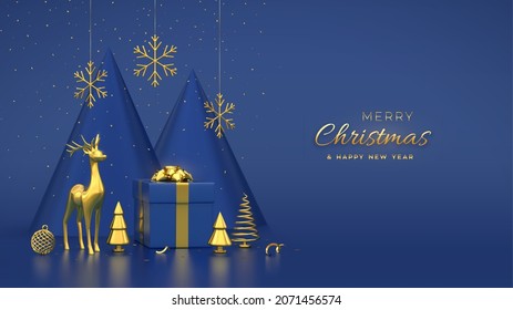 Christmas banner. Composition from gift box, gold deer, shining showflakes and ball, golden metallic spruce trees. New Year cone shape trees. Xmas background, greeting card. Vector 3D illustration.