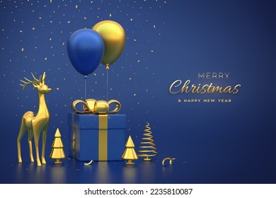 Christmas banner. Composition from gift box with golden bow gold deer, metallic pine, spruce trees, festive helium balloons. New Year pine fir, spruce trees. Xmas background. Vector 3D illustration.