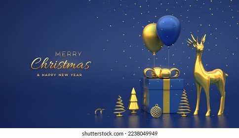 Christmas banner. Composition from gift box with golden bow, ball, gold deer, metallic pine, fir, spruce trees, festive helium balloons. New Year, Xmas background. Vector 3D illustration.